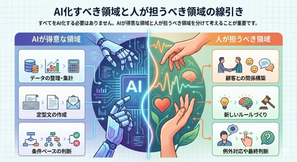 「AI化すべき領域と人が担うべき領域の線引き」と題された比較図解