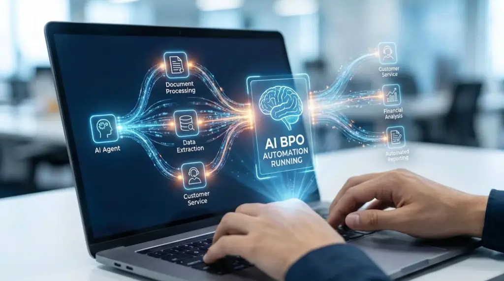 オフィスでノートパソコンを操作する人の手と、画面からホログラムのように投影されたAIによるBPO（ビジネス・プロセス・アウトソーシング）自動化の実行を示すネットワーク図。