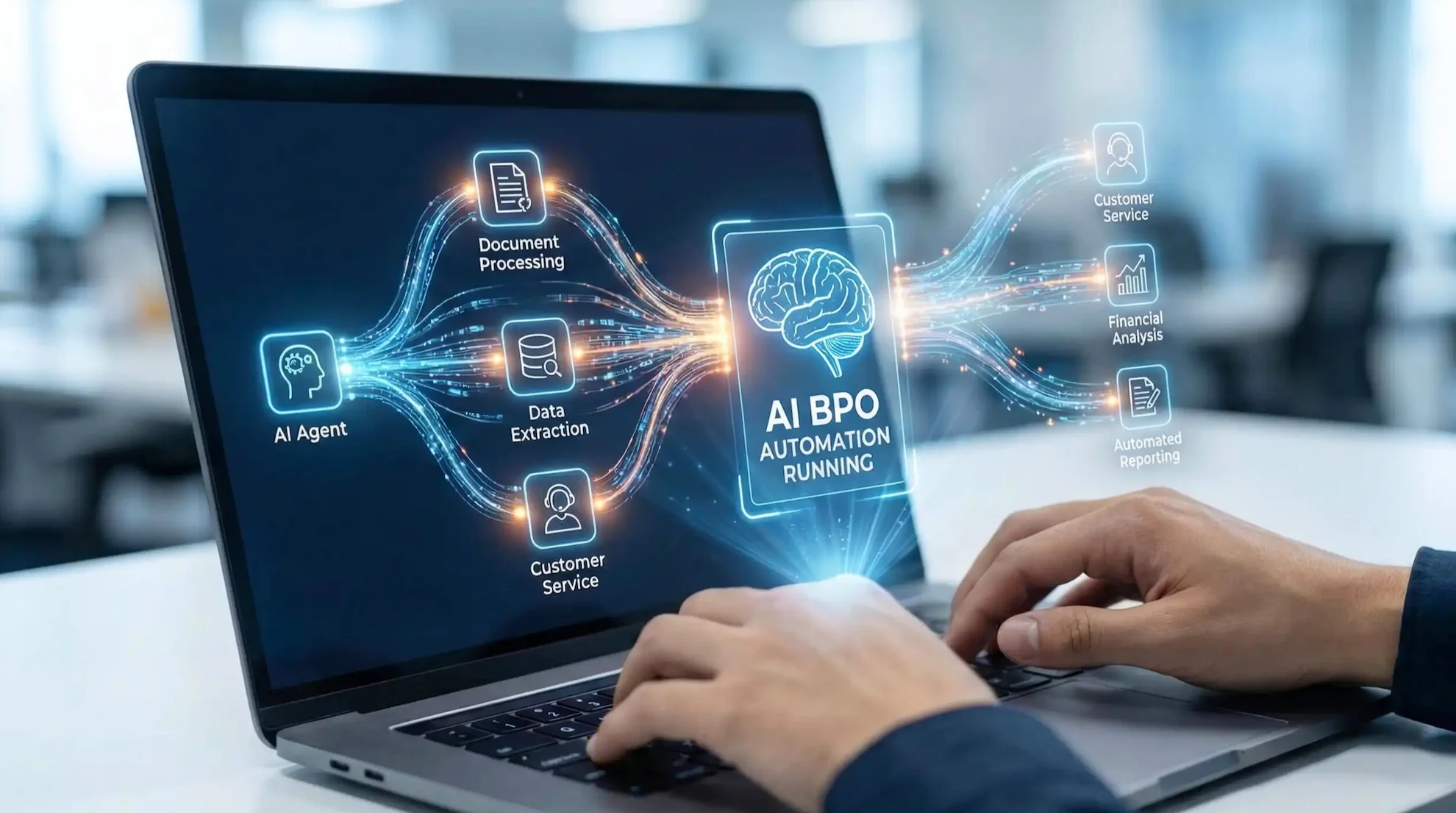 オフィスでノートパソコンを操作する人の手と、画面からホログラムのように投影されたAIによるBPO（ビジネス・プロセス・アウトソーシング）自動化の実行を示すネットワーク図。