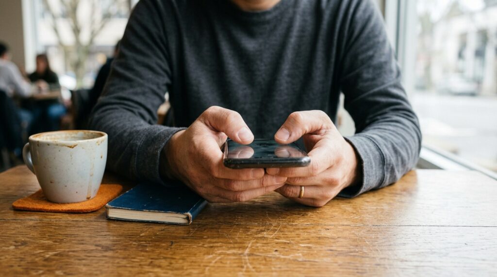 カフェの窓際でスマートフォンを両手で持ち、ログインできずにいる手元のクローズアップ