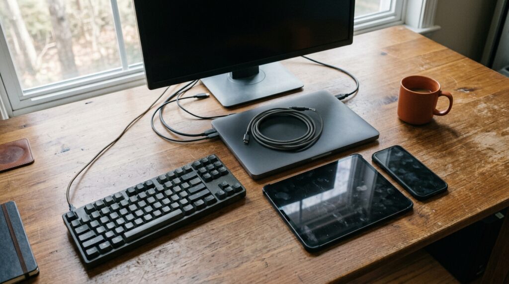 外部モニター・ノートパソコン・タブレット・スマートフォン・キーボードが並ぶ作業環境