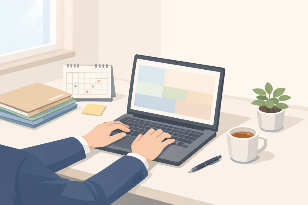社労士事務所の机でノートPCを使う様子のイラスト